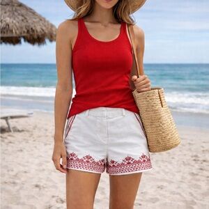 Artisan Ny White Shorts Red Embroidered Boho Beach Resort Summer Shorts 6